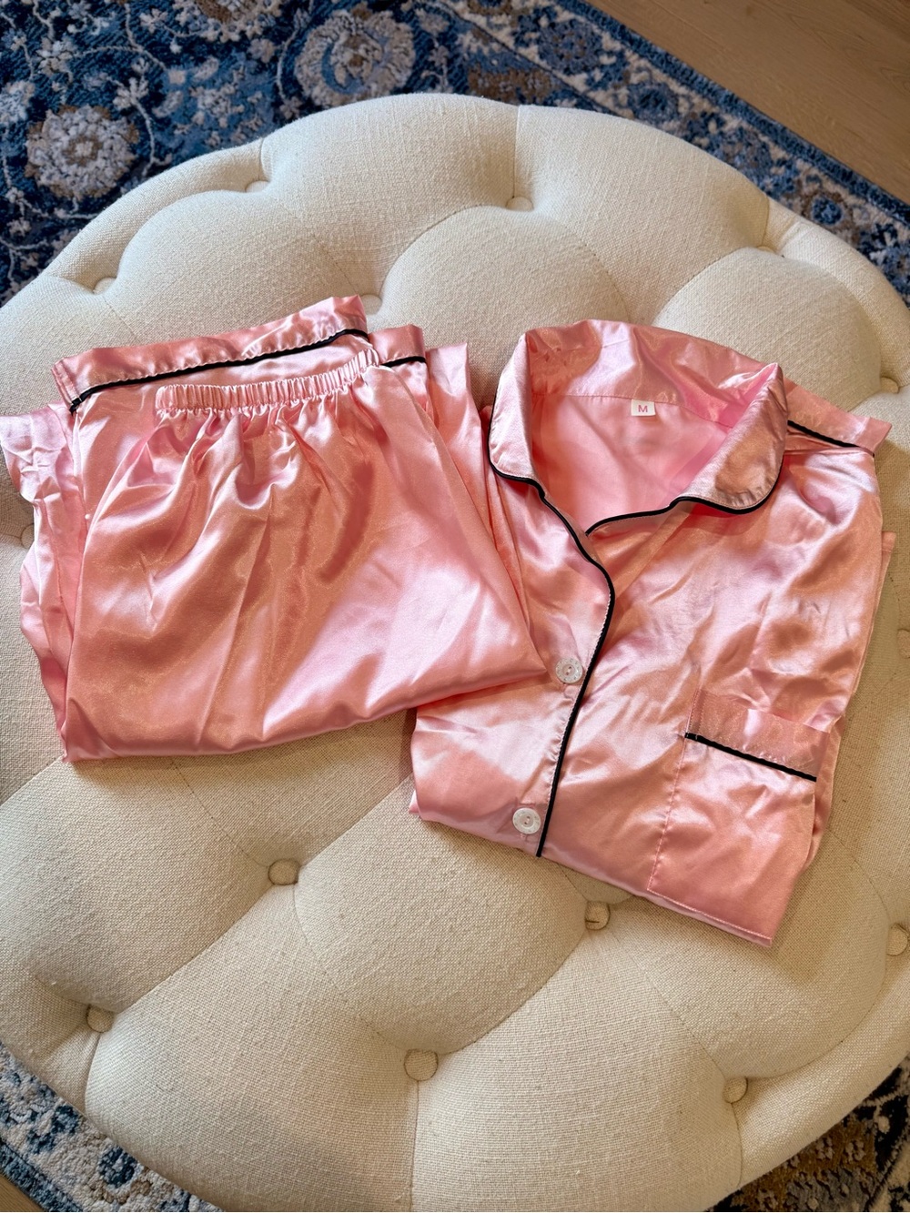 Pink Satin Pajama Set Black Piping Long Sleeve Pants Size M 🖤🎀